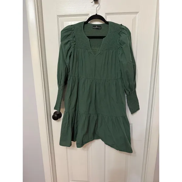 Pomander Place x Tuckernuck Green Smocked Tier‎ Mini Dress Cotton Long Sleeve S - Image 3