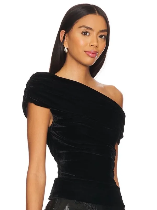 Lovers Friends Willa Top Size Small Black Velvet Asymmetric Ruched Mob Wife Chic - Image 11