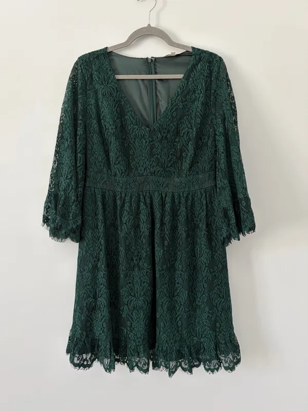 ModCloth Through the Bluebells Forest Green Lace 3/4 Bell Sleeve Mini Dress L - Image 2