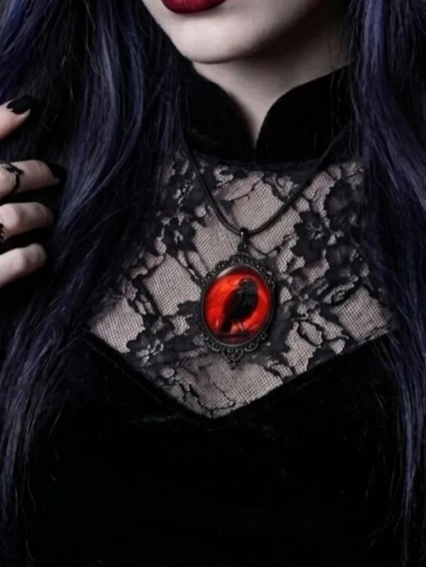 Gothic‎ Crow Red Moon Cameo Style Black Necklace Pendent - Image 10