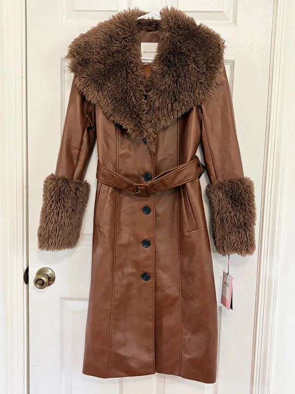 Avec Les Filles Brown Faux Leather Fur Trim Belted Maxi Coat XS Y2K Glam Luxe $258 - Image 2