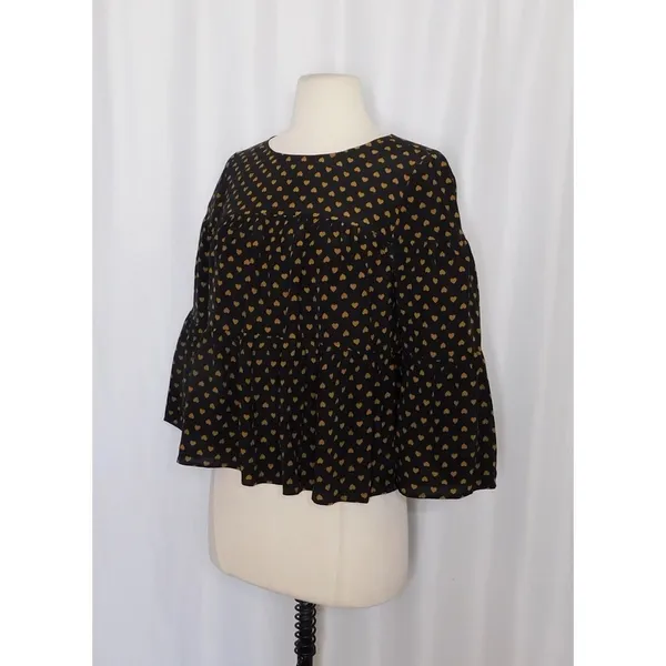 MADEWELL Silk Black Gold Heart Flip Button Back Tiered Top Blouse X-Small - Image 6