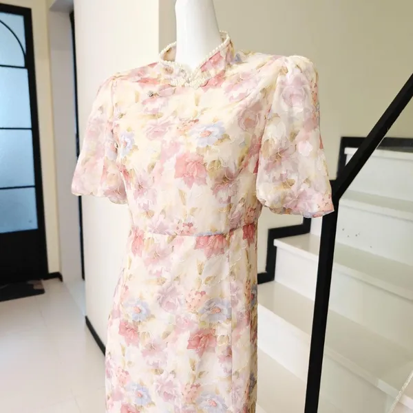 Floral Cheongsam Midi Dress Pearl Stand Collar Puff - Image 3