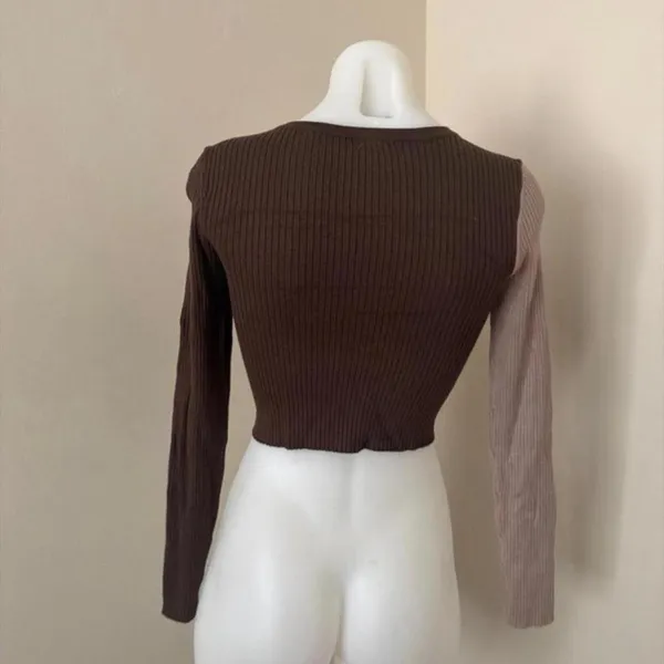 Garage Women’s Button Down Knit Crop Top in Beige & Brown, Small - Image 4