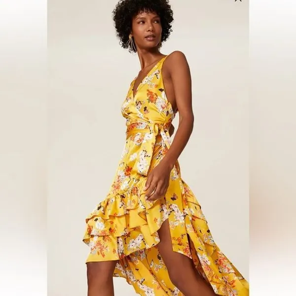 RTR Bronx and BancoNarciss Dress Sz Medium Yellow Floral asymmetrical ruffle - Image 3