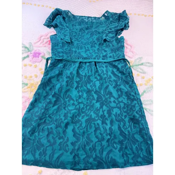 Moulinette Soeurs anthropologie Teal‎ Lace Overlay Flutter Sleeve 14 dress - Image 3
