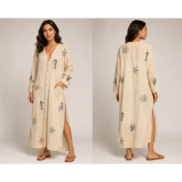 Anthropologie‎ Nautical Embroidered Maxi Dress Cream Seahorse Starfish Small - Image 2