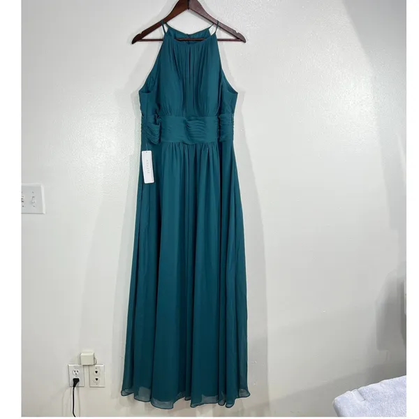 Azazie Bonnie Bridesmaid‎ Dress Peacock Blue Chiffon Halter Maxi Formal Gown - Image 3