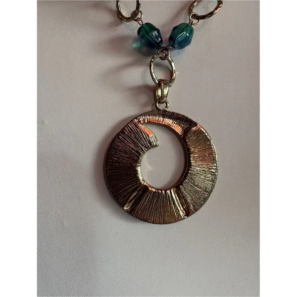 Vintage Teal, Green & Yellow Moon Pendant Necklace - Image 4