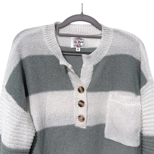 Top Notch‎ Henley Sweater Sage Green White Striped Casual Knit Womens Size M - Image 3