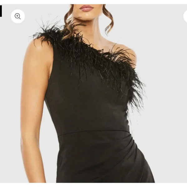 Mac Duggal 68456 Black One Shoulder Feather Trim Gown Size 6 Maxi Dress - Image 2