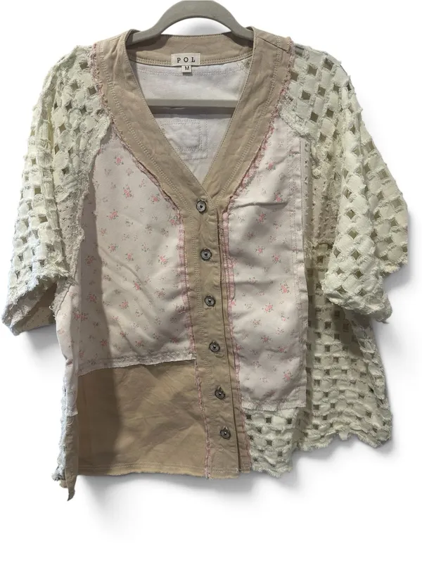 M POL Patchwork Cream and Beige Crochet Sleeve Cardigan - Image 5