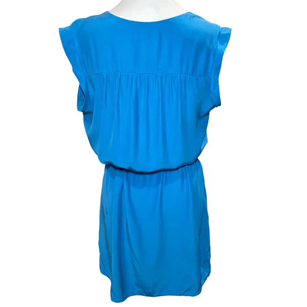 Amanda Uprichard‎ Silk Shift Dress L Blue Split Neck Tie Waist - Image 3