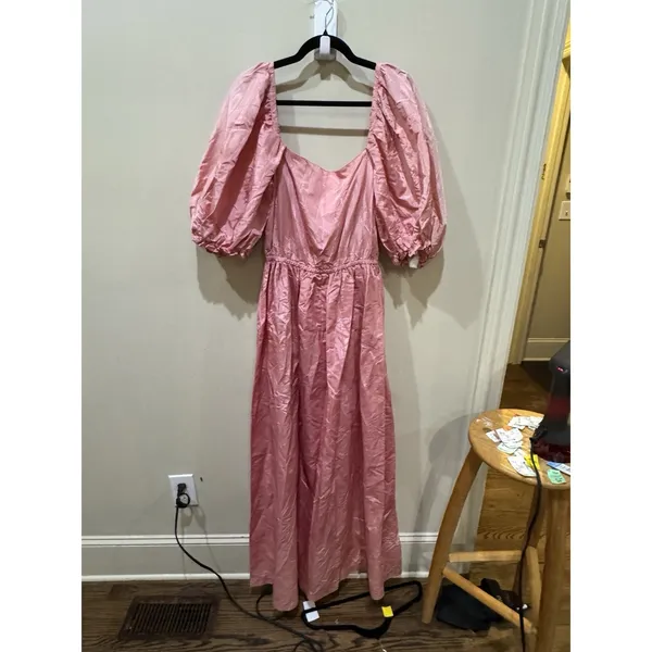 Vintage 80's Puff Sleeve Pink Taffeta Dress Square Neck Off Shoulder Handmade - Image 2