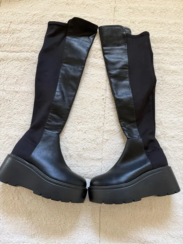 Black Over Knee Platform Boots Chunky Sole Stretch Faux Leather Size 5. 5 Goth - Image 2