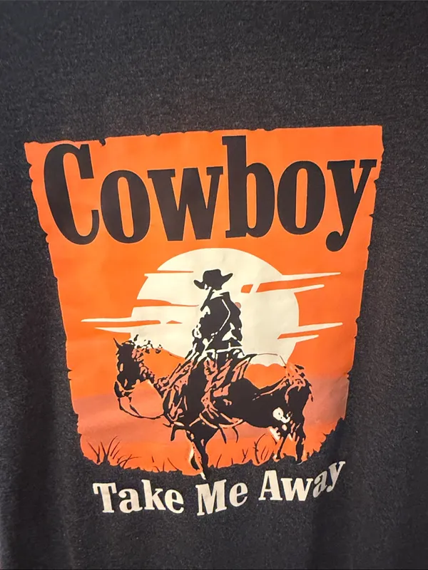 Cowboy Take Me Away Graphic Tee Dark Gray Orange Sunset Country Concert - Image 4