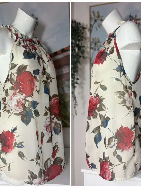 Womens Off White Floral Tank Top Blouse Large Sheer Sleeveless Boho Flow - Image 5