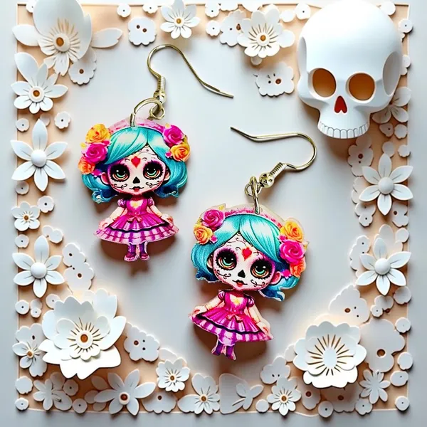 New Day of the Dead Sugar Skull Doll Acrylic Dangle Earrings - Image 3