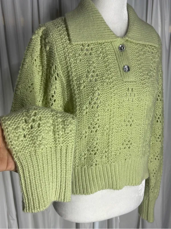 Wayf Light Green Openwork Knit Polo Sweater Size M - Image 4