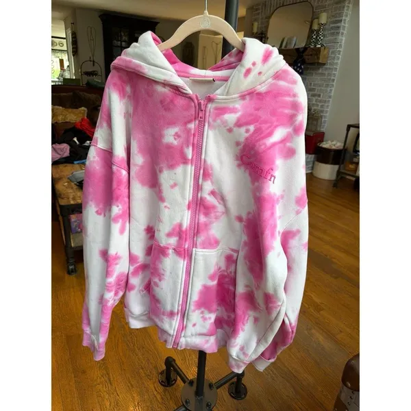 Comfrt "Minimalist Zip Hoodie" Strawberry Swirl pink tie-dye pattern XL - Image 2