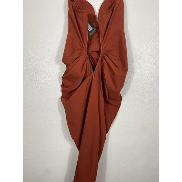PRETTYLITTLETHING Rust Satin Strapless Ruched Side Slit Midi Dress Size 6 - Image 12