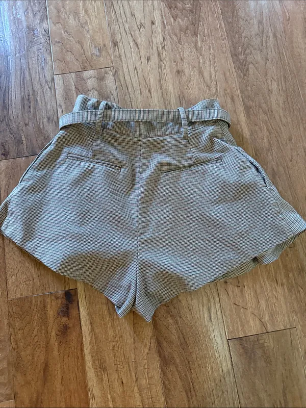 Free People Plaid High-Waist Belted Shorts in Gray-Taupe - Image 3