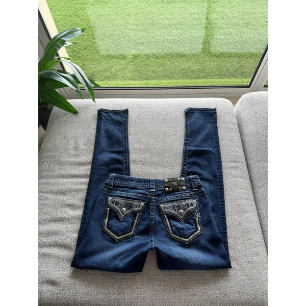 Miss Me Easy Skinny Jeans Womens 26 Dark Wash Embellished Sequin Flap Pocket Mid - Image 3
