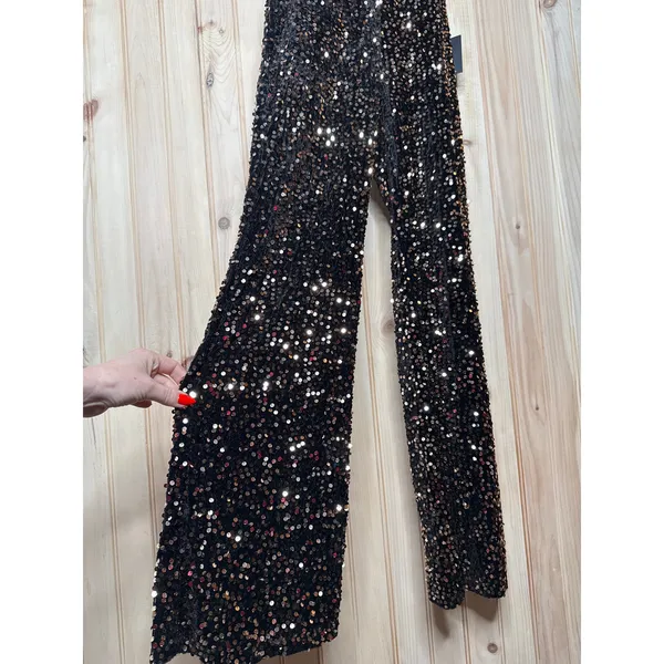 NWT Lulus Mesmerizing Diva Black Sequin Wide-Leg Halter Jumpsuit Party Size XS - Image 4