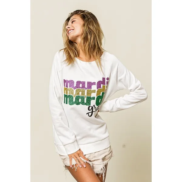BiBi Mardi Gras Glitter Lettering Sweatshirt - Off White - Large - Image 13