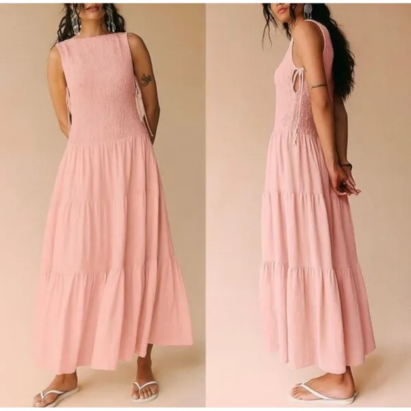 Free People Free-est Sterling Smocked Tiered‎ Maxi Dress Chalk Pink Large - Image 2