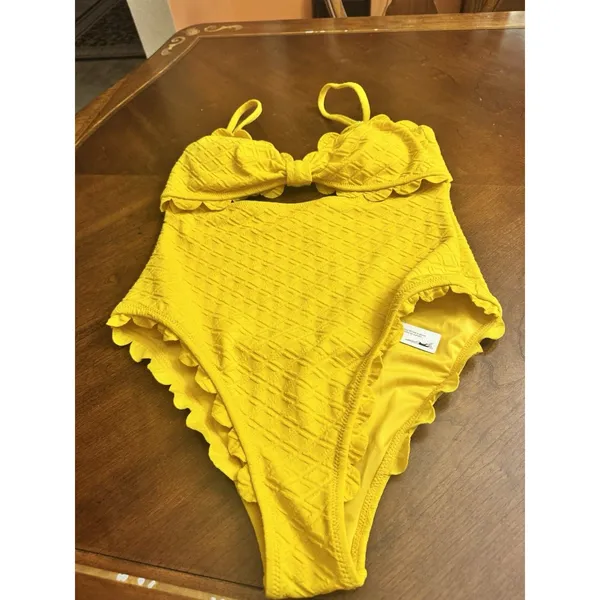 🧷 CUPSHE WOMEN'S ONE PIECE SWIMSUIT CUTOUT SCALLOP TRIM, XL, Yellow🆕 - Image 4