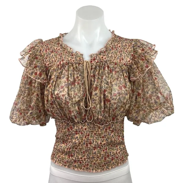 Free People Beatrice Floral Print Brown Lace Up Puff Sleeve Blouse Top Size S - Image 8