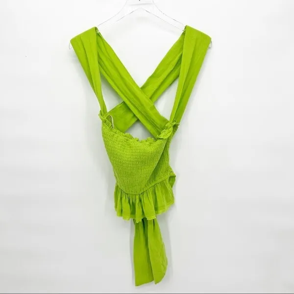 NEW‎ Free People Green Smocked Ruffle Tank Top Women's Size S European Summer - Image 2