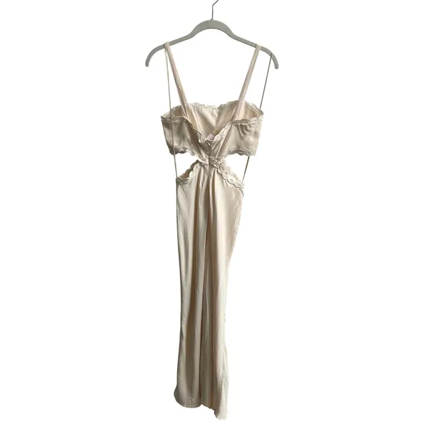 Mango Cutout Maxi Dress Women 2 Cream Scalloped Embroidered Trim Minimalist Boho - Image 8