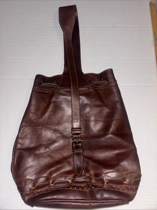 CARTUJANO de ESPANA VINTAGE DARK BROWN LEATHER DRAWSTRING BUCKET BAG - Image 5