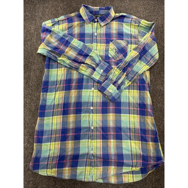 Lauren Ralph Lauren Madras Plaid Shirt Womens M Blue Green Pink RL Monogram - Image 3