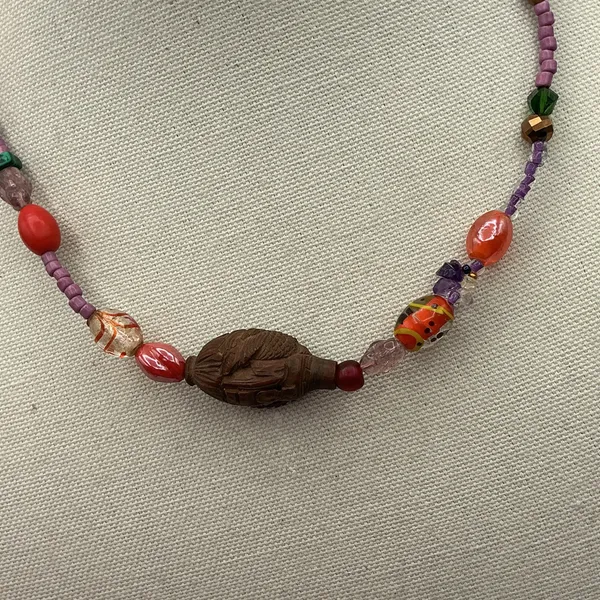 Multicolor Vintage Wood & Glass Quartz Necklace New Accents 20” Adustable - Image 3
