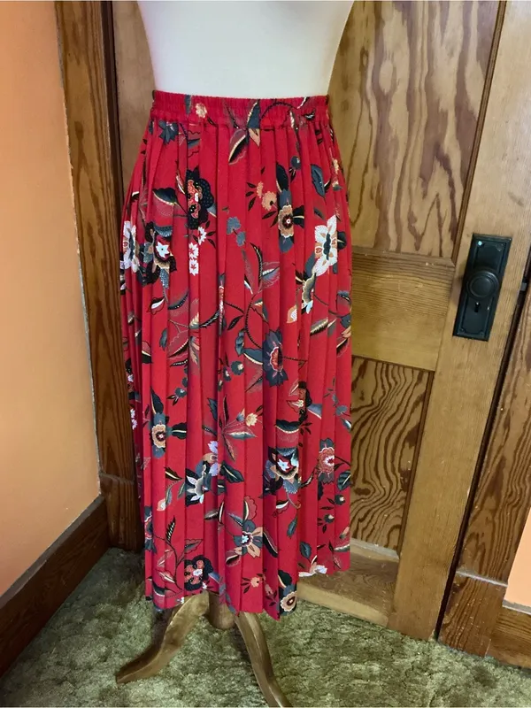 Vintage 90s Alfred Dunner Red Floral Midi Skirt Size 10 Elastic Waist - Image 9