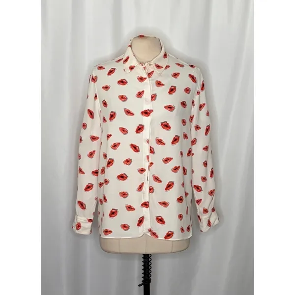 ZARA ZW Collection White Pink Lips Print Buttondown Top Blouse Lipstick X-Large - Image 2