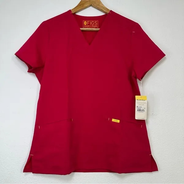Figs Scrub Top Women’s XS Stretch Pockets Pink/Red Medical Wear - Image 2