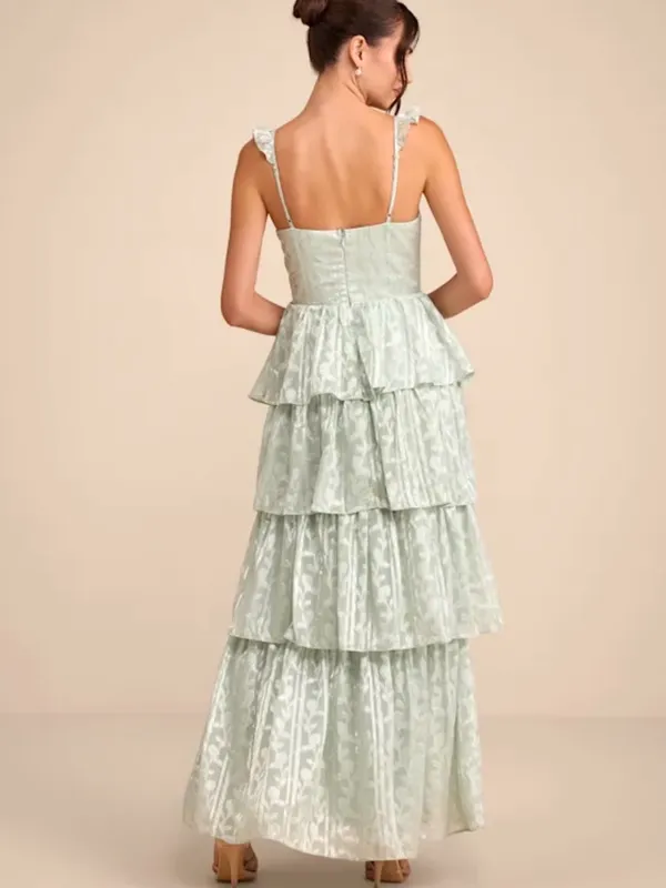 Lulus Stunning Glory Sage Green Floral Jacquard Tiered Maxi Dress - Size S - Image 3