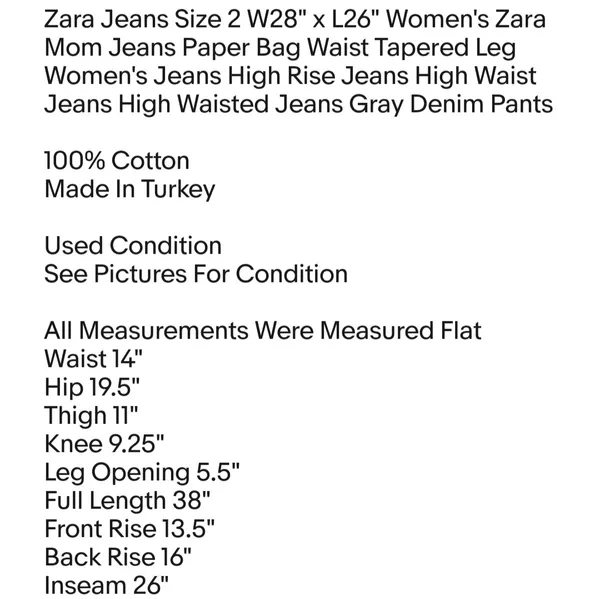 Zara Jeans Size 2 W28" x L26" Women's Zara Mom Jeans Paper Bag Waist Tapered Leg Women's Jeans - Image 2