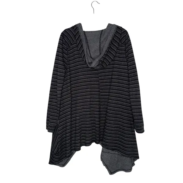 Free People Striped Thermal Hoodie Women Medium Black Zip Up Handkerchief Hem EX - Image 4