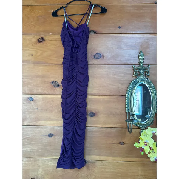 Lulus Flirty Instinct Purple Mesh Ruched Lace-Up Bodycon Midi Dress Wedding Sz S - Image 4