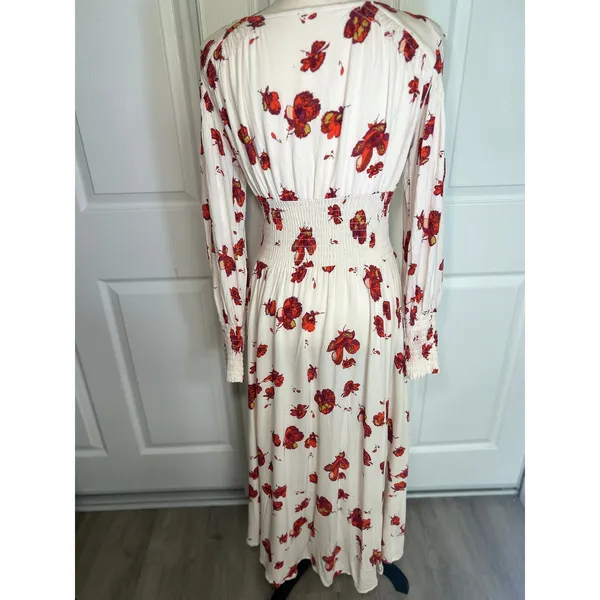 Free‎ People Maxi Dress So Sweetly S Ivory Red Floral Smocked Boho Long Sleeve - Image 5