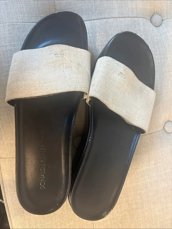 Donald J. Pliner Fiji Black Platform Slide Mules with Beige Fabric Strap 7.5 - Image 2