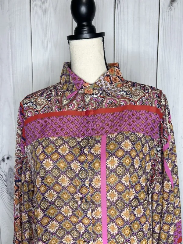 ee:some Sheer Button Up Blouse Sz M Floral Boho Chic Peasant Ruffle Cottagecore - Image 2
