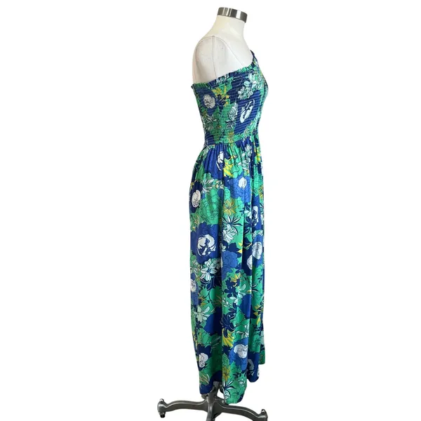 Japna One Shoulder Smocked Maxi Dress‎ Blue Green Floral Boho Vacation Sz Small - Image 3