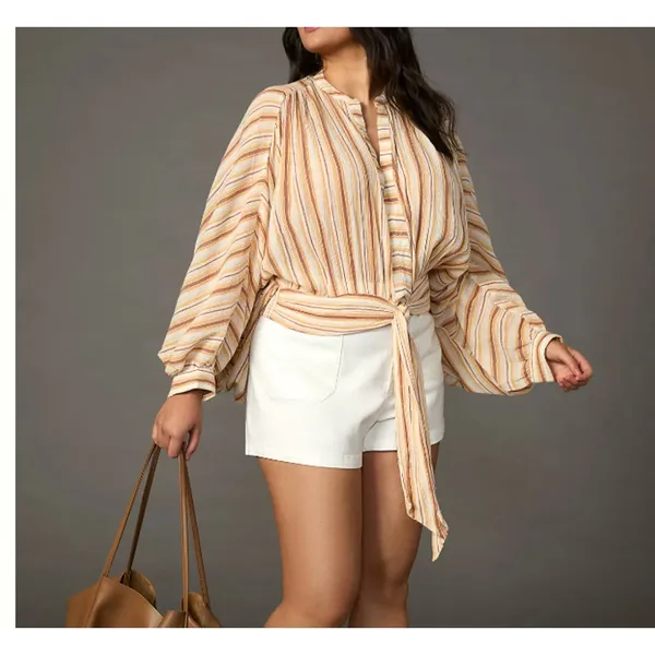 Anthropologie Tie Front Striped Blouse‎ Boho Resort Relaxed Statement Top XL New - Image 2