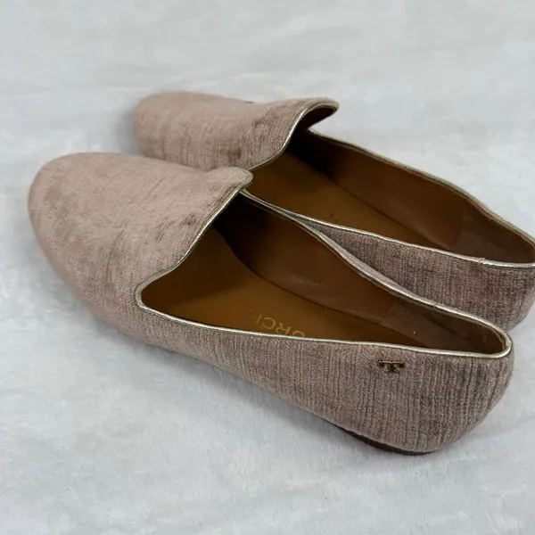 Tory Burch Dusty Rose Velvet Ribbed Smoking Slipper Loafers Gold Trim Flats 9.5‎ - Image 9